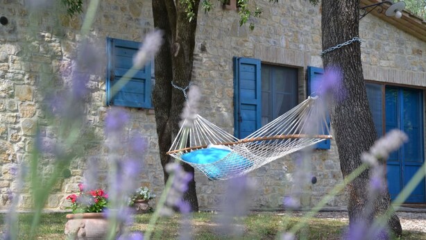 A stone building with blue shutters, a hammock hanging between trees, and potted flowers in the foreground. - Noce, Characteristic chalet in Umbria with SPA, jacuzzi, garden, stunning view. (Piedicolle)
