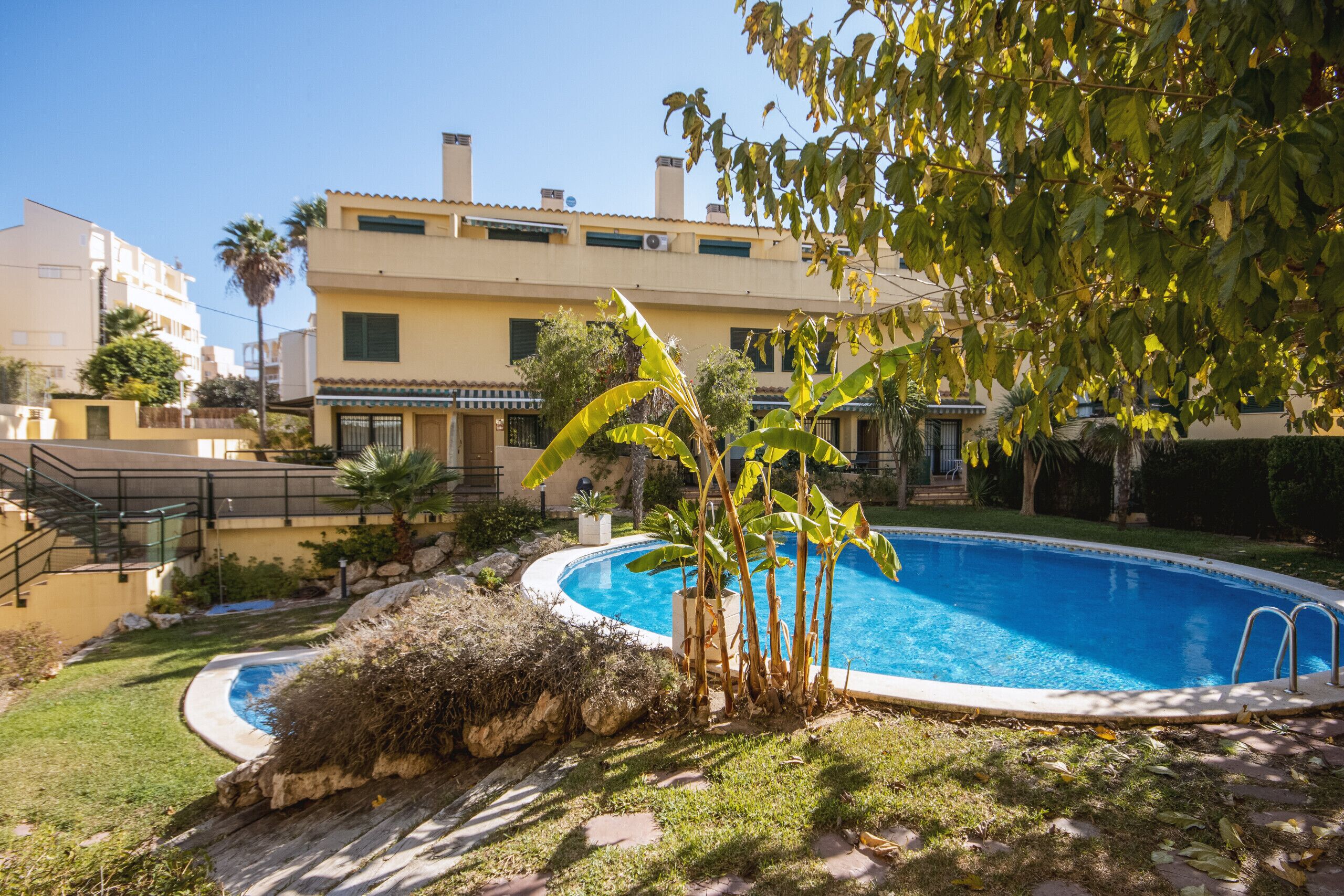 Zona residencial amb piscina envoltada de vegetació i un edifici de diversos pisos al fons.