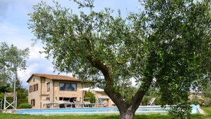 A stone building with a tiled roof, a swimming pool, and a tree in the foreground. - Al boschetto, Luxury pool Villa in Umbria, SPA, outdoor space, garden, pizzaoven (Piedicolle)