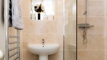 Shower, free toiletries, hair dryer, towels
