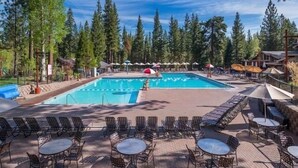 Un área de piscina con sillas de descanso y sombrillas, rodeada de árboles altos.