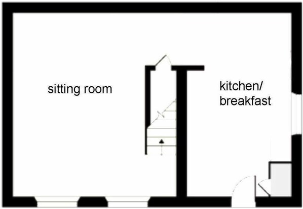A floor plan with a sitting room and a kitchen/breakfast area.