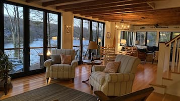 TV connectée, cheminée, livres, chaîne hi-fi