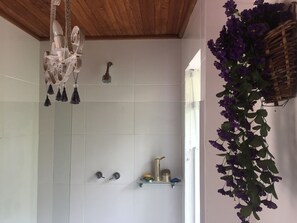 Bathroom features a shower with a glass door and handheld showerhead, along with a shelf for toiletries.