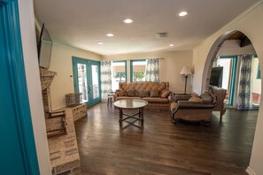 TV, fireplace, video library