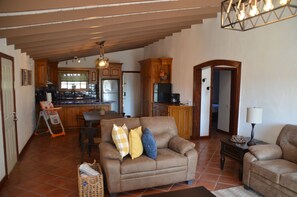 Smart TV, fireplace, music library, video library