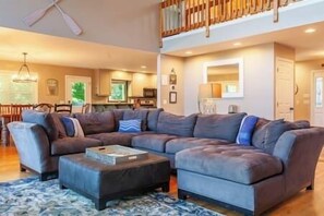 TV, fireplace, books