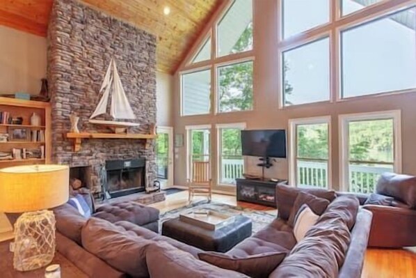 TV, fireplace, books