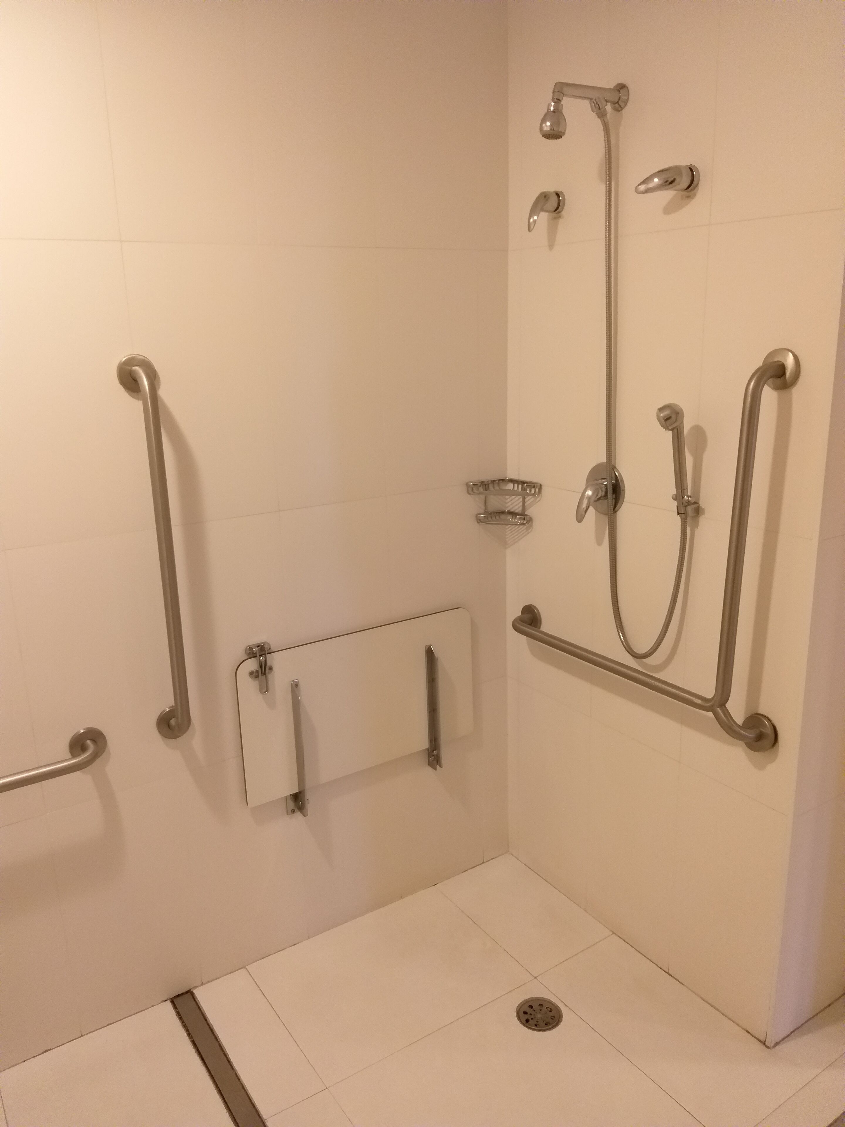 Zona de ducha con barras de apoyo, cabezal de ducha manual y grifo de mano.