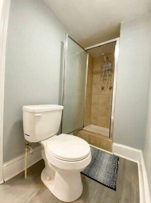 Bathroom with a toilet, shower, and doormat.