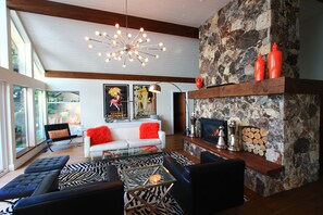 Smart TV, fireplace, books, stereo