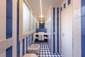 Regadera, secadora de cabello, bidet, toallas