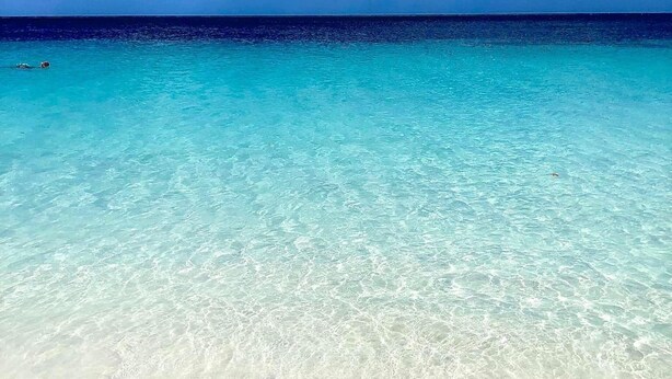A clear turquoise sea with a sandy beach and a few people swimming.