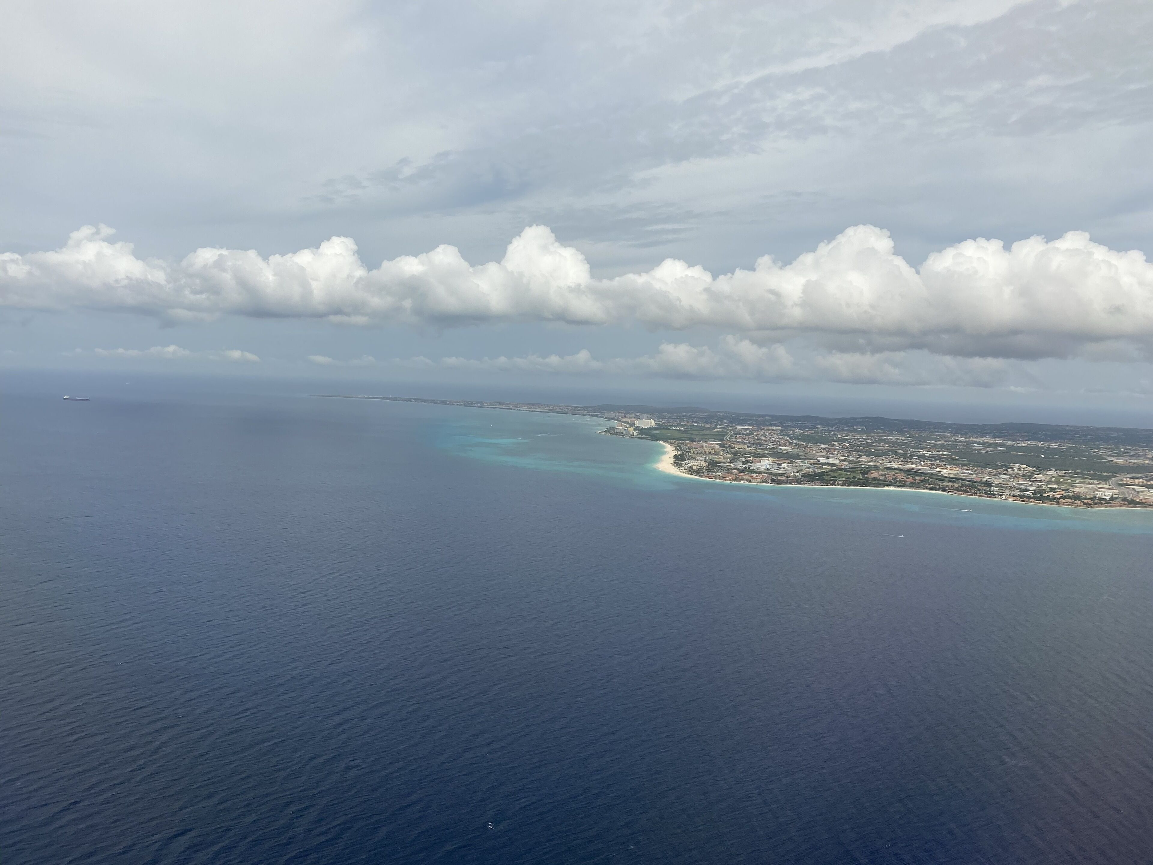 An aerial view of a coastal city with a clear view of the coastline, a large body of water, and a distant ship.