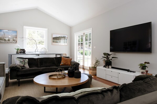 Smart TV, fireplace, ping pong, books