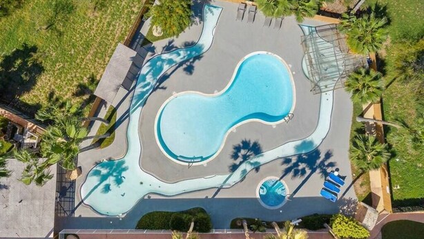 Vista aerea di una piscina dalla forma particolare, circondata da palme e zone d'ombra.