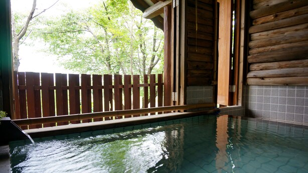 A wooden cabin with a swimming pool, surrounded by a wooden fence and trees. - A high-quality plateau life like your own home ... A natural hot spring flowing, one private plateau villa (仙北市田沢湖生保内下高野)