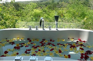 Combined shower/bathtub, hair dryer, towels, soap