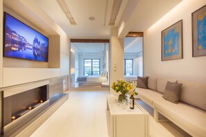 TV, fireplace, books, stereo