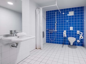 Shower, hair dryer, soap, shampoo