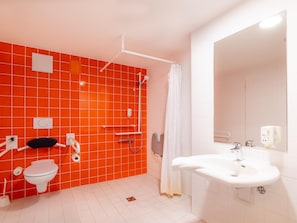 Shower, hair dryer, soap, shampoo