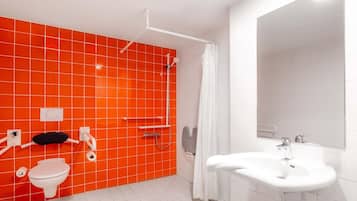 Shower, hair dryer, soap, shampoo