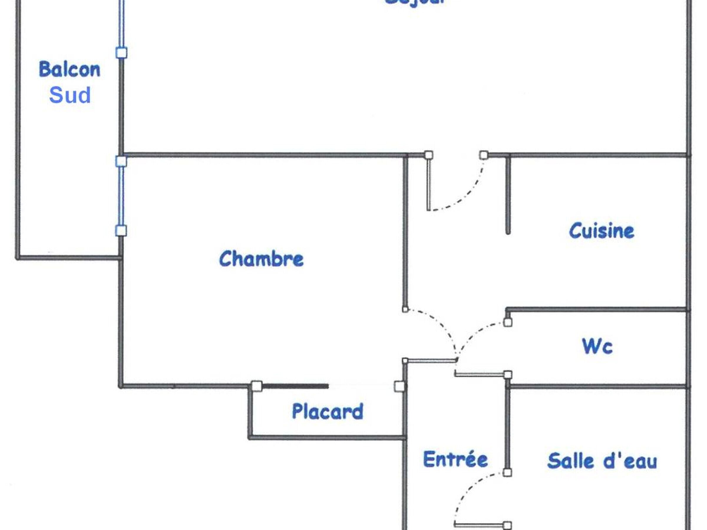 Plano de planta que muestra un balcón, dormitorio, cocina, aseo, baño y acceso.