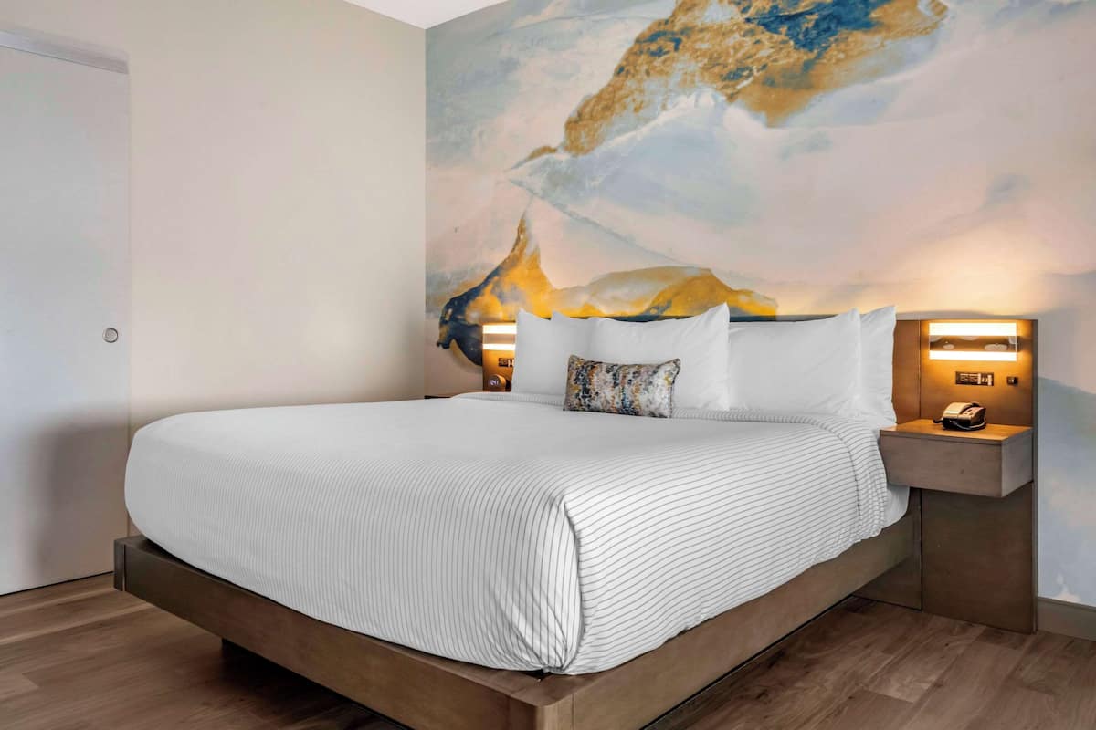 A modern hotel room with a large bed, a nightstand with a phone, and a wall mural.