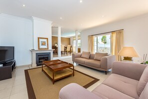 Télévision, cheminée, table de tennis de table