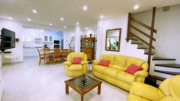 TV, fireplace, books, video library