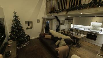 Smart TV, fireplace, video games, DVD player