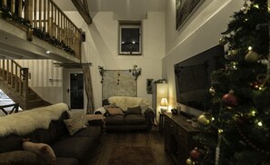 Smart TV, fireplace, video games, DVD player