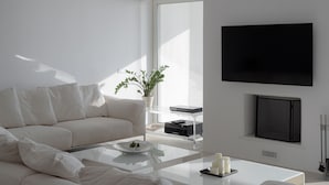 Ein modernes Wohnzimmer mit einer Couch, einem Couchtisch, einem Flachbildfernseher und einer Zimmerpflanze.