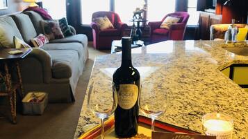 Télévision, cheminée, lecteur de DVD, livres