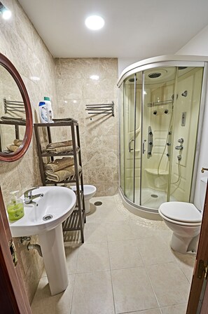 Douche, sèche-cheveux, bidet, serviettes fournies
