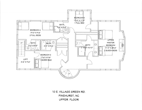 A floor plan of a house at 10 E. Village Green Rd., Pinehurst, NC, upper floor, including bedrooms, bathrooms, and a loft.