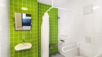 Shower, hair dryer, soap, shampoo