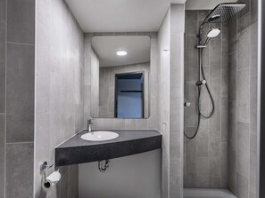 Shower, hair dryer, soap, shampoo