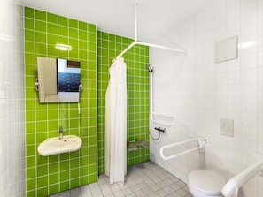 Shower, hair dryer, soap, shampoo