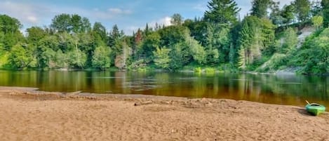On the beach, sun-loungers
