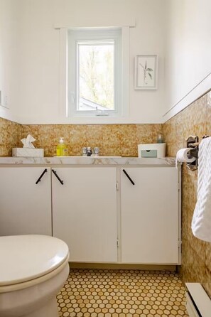 Bathtub, hair dryer, towels, soap