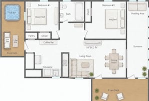 Un hôtel comprenant deux chambres, un salon, un coin repas, une véranda et une terrasse à l’arrière.