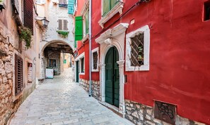 Une ruelle étroite pavée, bordée de bâtiments aux couleurs vives, dotés de murs en pierre et de volets en bois.