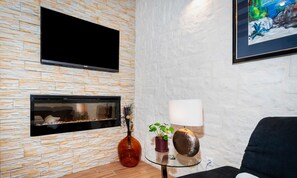 TV, fireplace, smart speakers