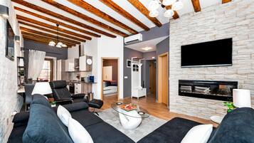 TV, fireplace, smart speakers