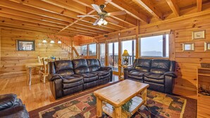 A wooden cabin interior with leather sofas, a wooden coffee table, and large windows offering a view. - Specials! Stunning Views+Location. 4 King Beds w/ en suite. Hot Tub, Games! (Sevierville)