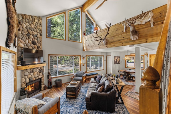 TV, fireplace, books - Longhorn Hideaway: Pet Friendly, Hot tub, Near Ponderosa Park, Quiet Wooded Neighborhood (McCall)