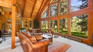 Télévision, cheminée, lecteur de DVD, baby-foot