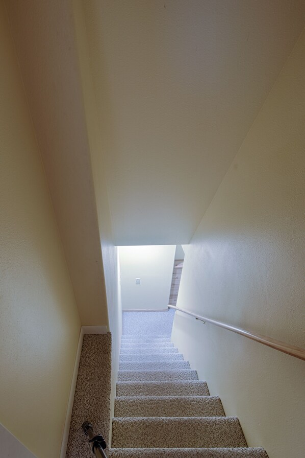 A carpeted staircase with a handrail, leading to a room with a white ceiling and walls.