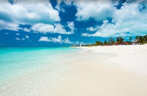On the beach, sun loungers